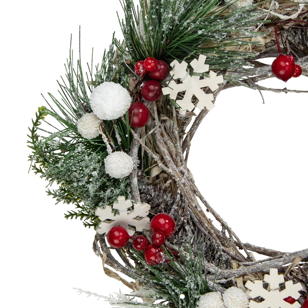 Frosted Pine Winter Foliage Snowflakes Twig Mini Christmas Wreath 10-Inch Unlit. Picture 3