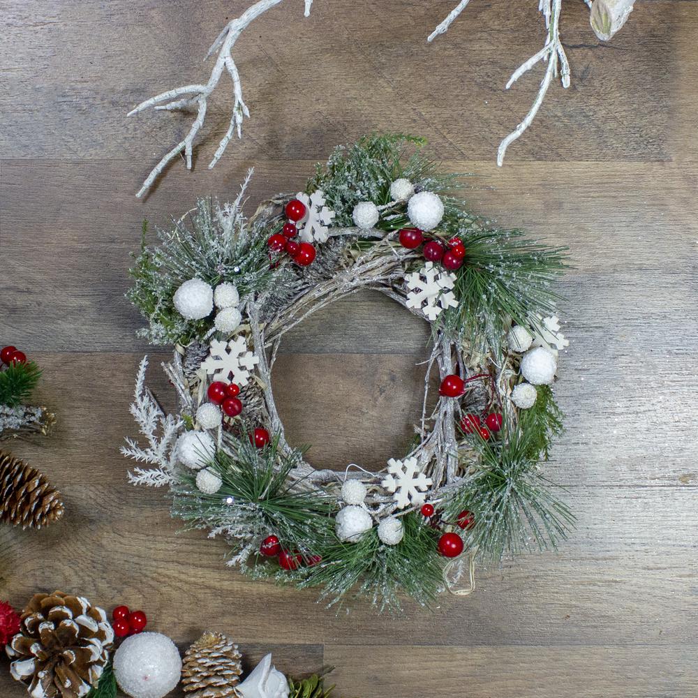 Frosted Pine Winter Foliage Snowflakes Twig Mini Christmas Wreath 10-Inch Unlit. Picture 2
