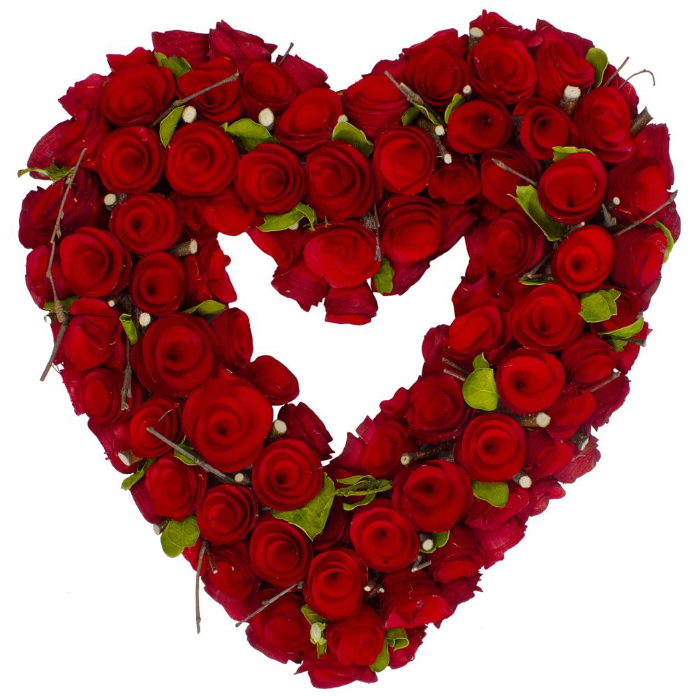 Red Wooden Rose Floral Heart Shaped Artificial Valentine's Day Wreath  14-Inch. Picture 1