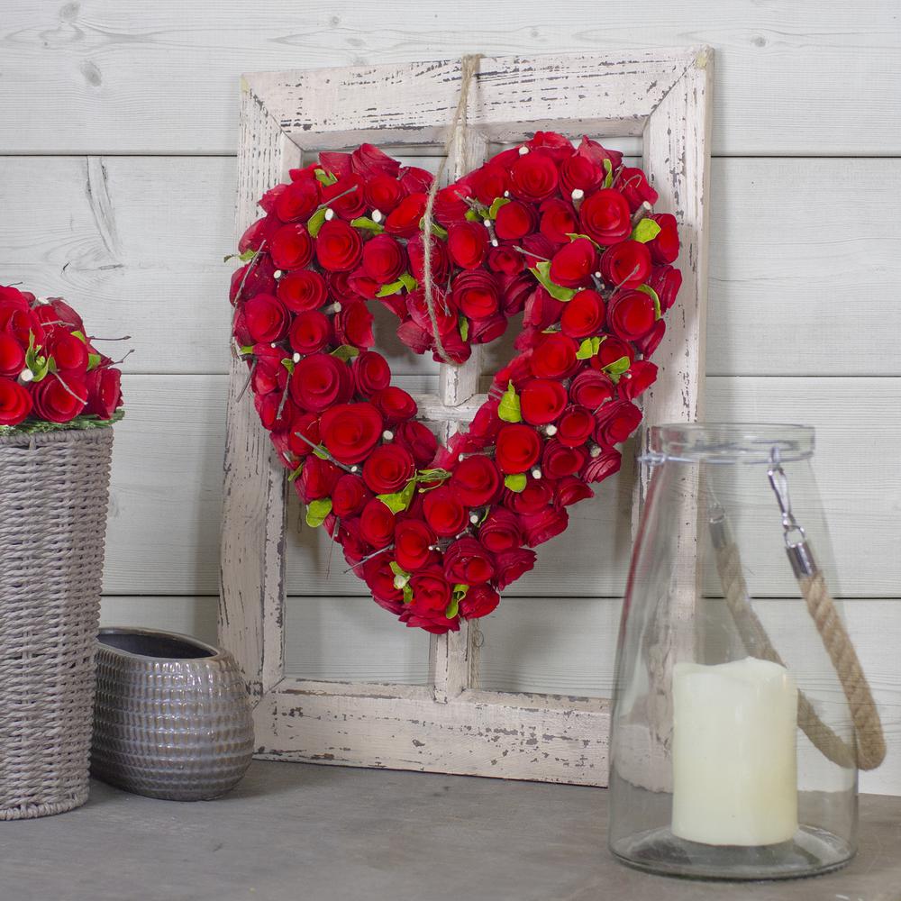 Red Wooden Rose Floral Heart Shaped Artificial Valentine's Day Wreath  14-Inch. Picture 2