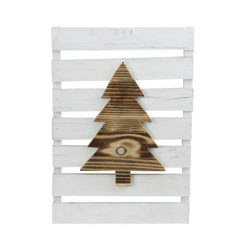 15.75" Wood Tree on White Pallet Inspired Frame Christmas Wall Hanging. Picture 1