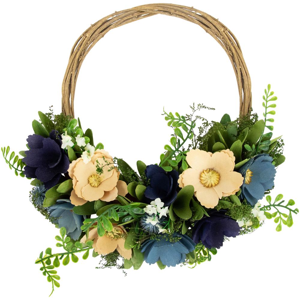 12" Blue and Tan Poppy Floral Wooden Spring Basket Wreath. Picture 1
