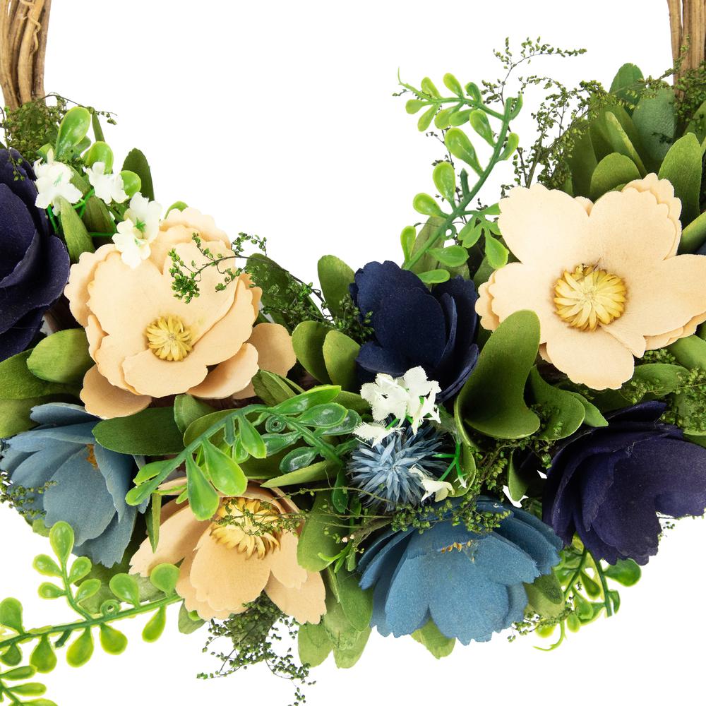 12" Blue and Tan Poppy Floral Wooden Spring Basket Wreath. Picture 3