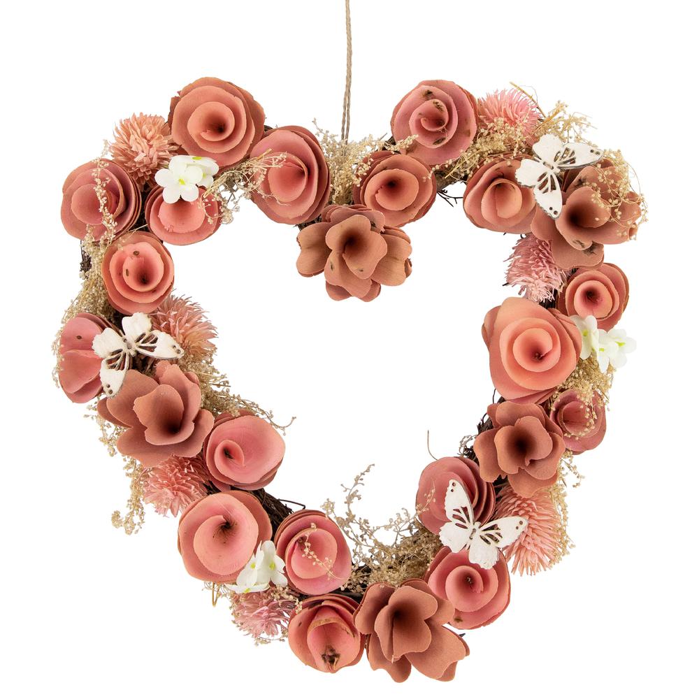 10" Pink Wooden Rose Heart Spring Wreath with Butterflies. Picture 1
