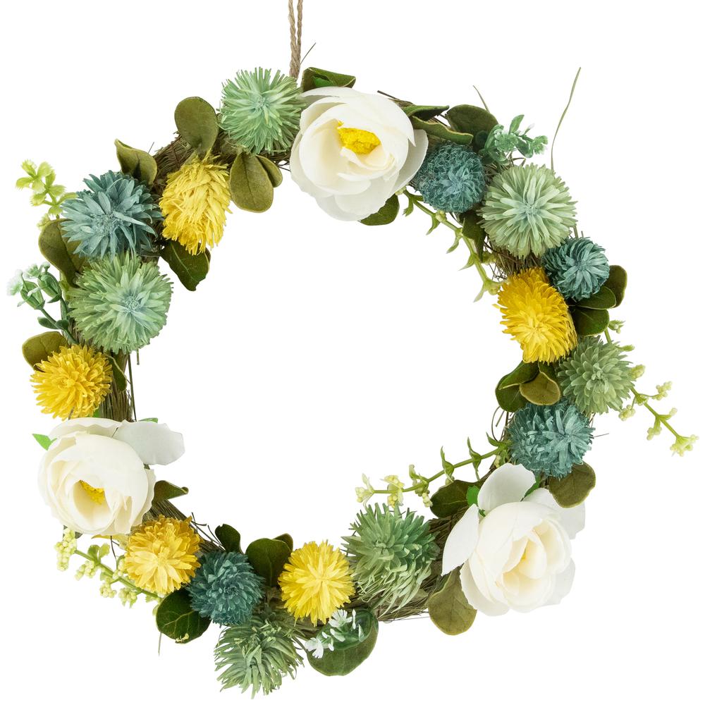 9" Cream Rose  Green and Yellow Thistle Hanging Spring Wreath. Picture 1