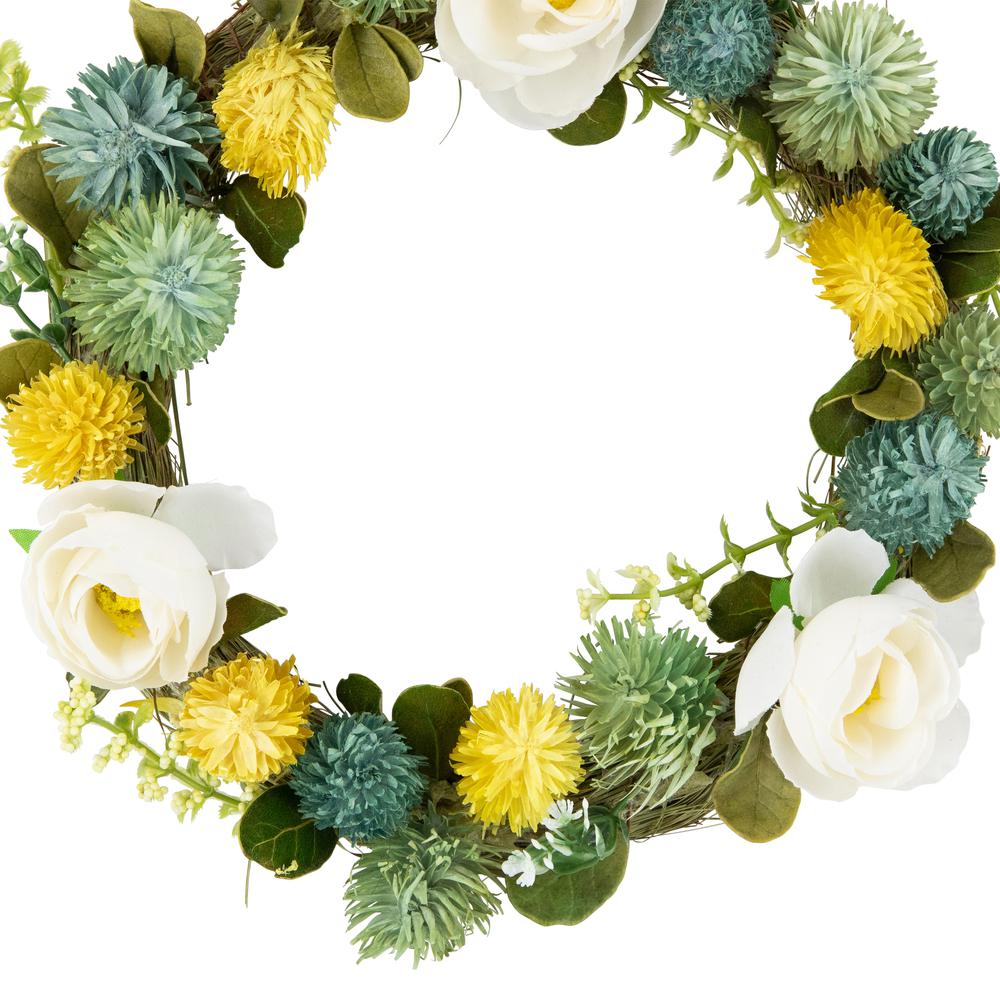 9" Cream Rose  Green and Yellow Thistle Hanging Spring Wreath. Picture 4