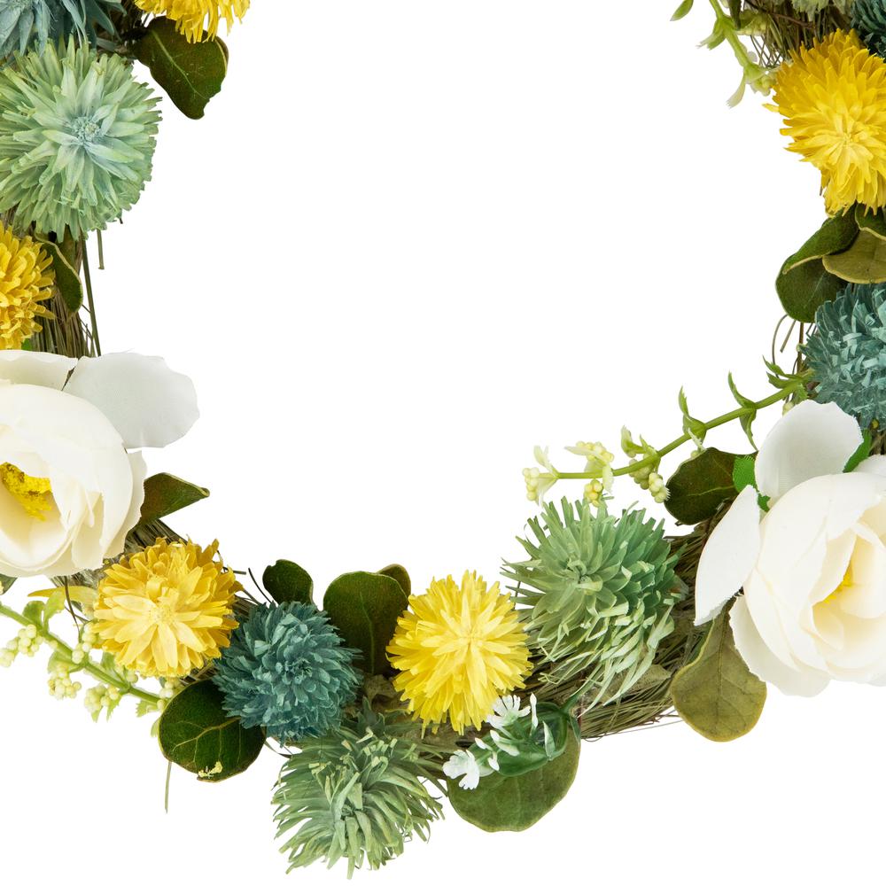 9" Cream Rose  Green and Yellow Thistle Hanging Spring Wreath. Picture 3