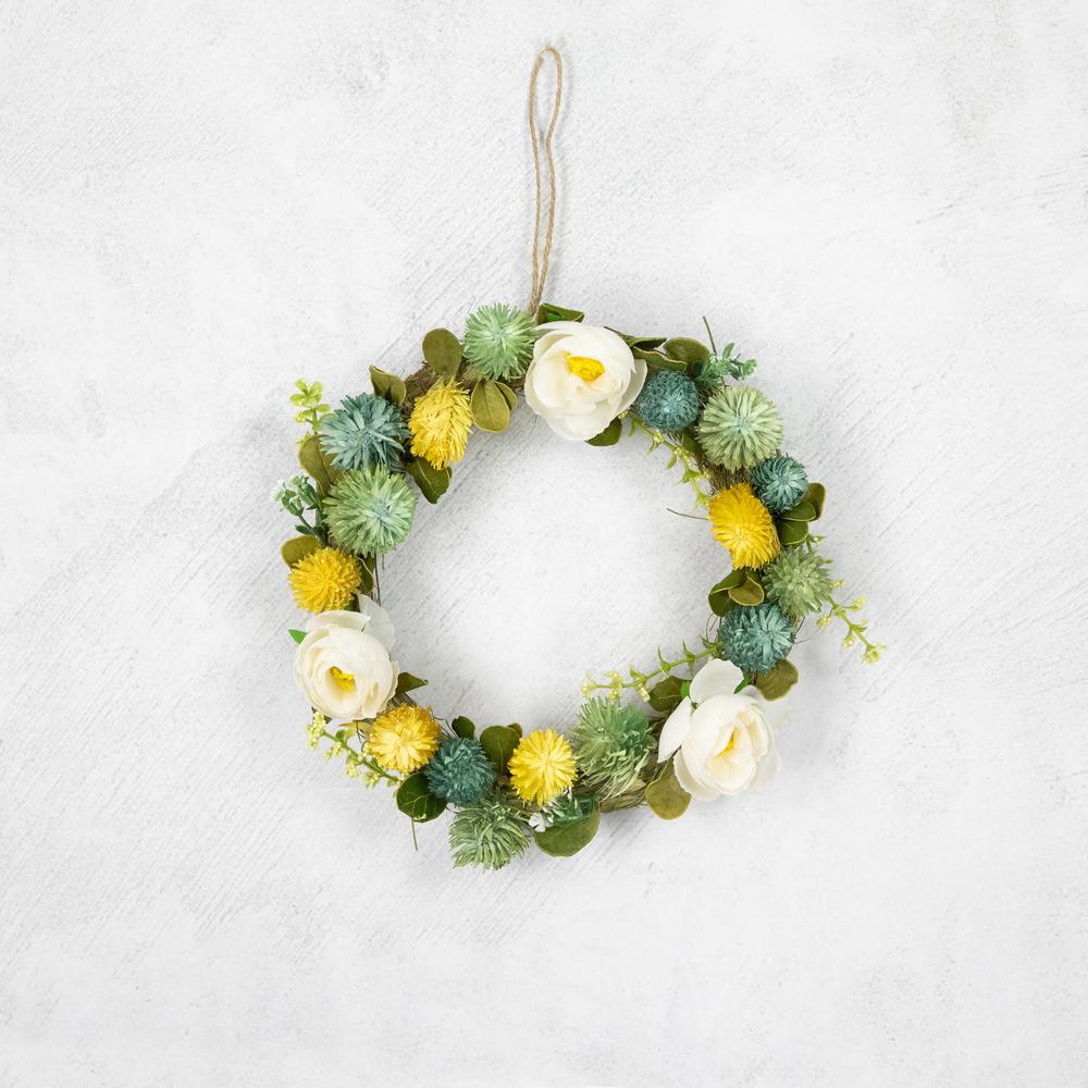 9" Cream Rose  Green and Yellow Thistle Hanging Spring Wreath. Picture 2