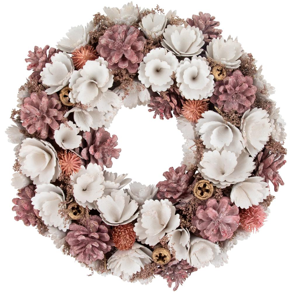 13" White and Pink Wooden Floral Christmas Wreath with Pinecones. Picture 1