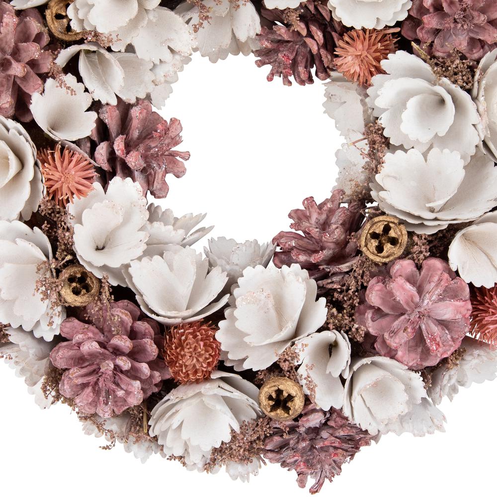 13" White and Pink Wooden Floral Christmas Wreath with Pinecones. Picture 4