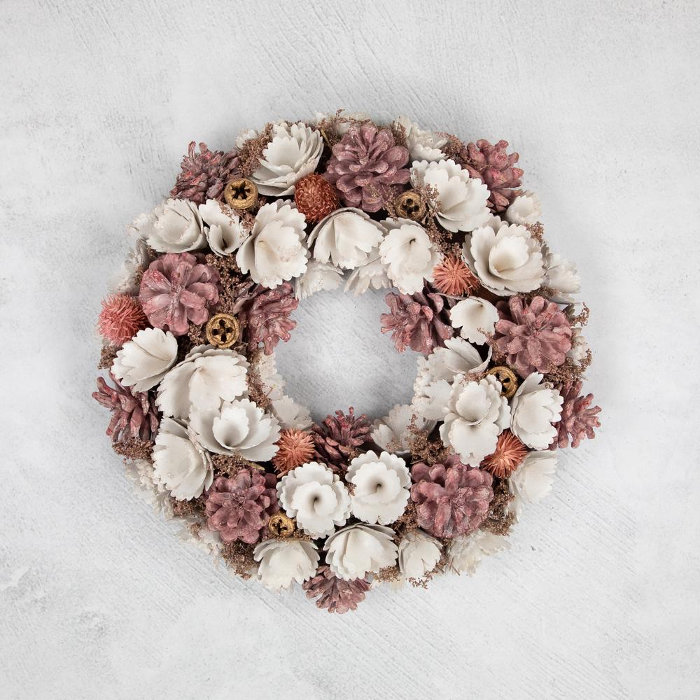 13" White and Pink Wooden Floral Christmas Wreath with Pinecones. Picture 3