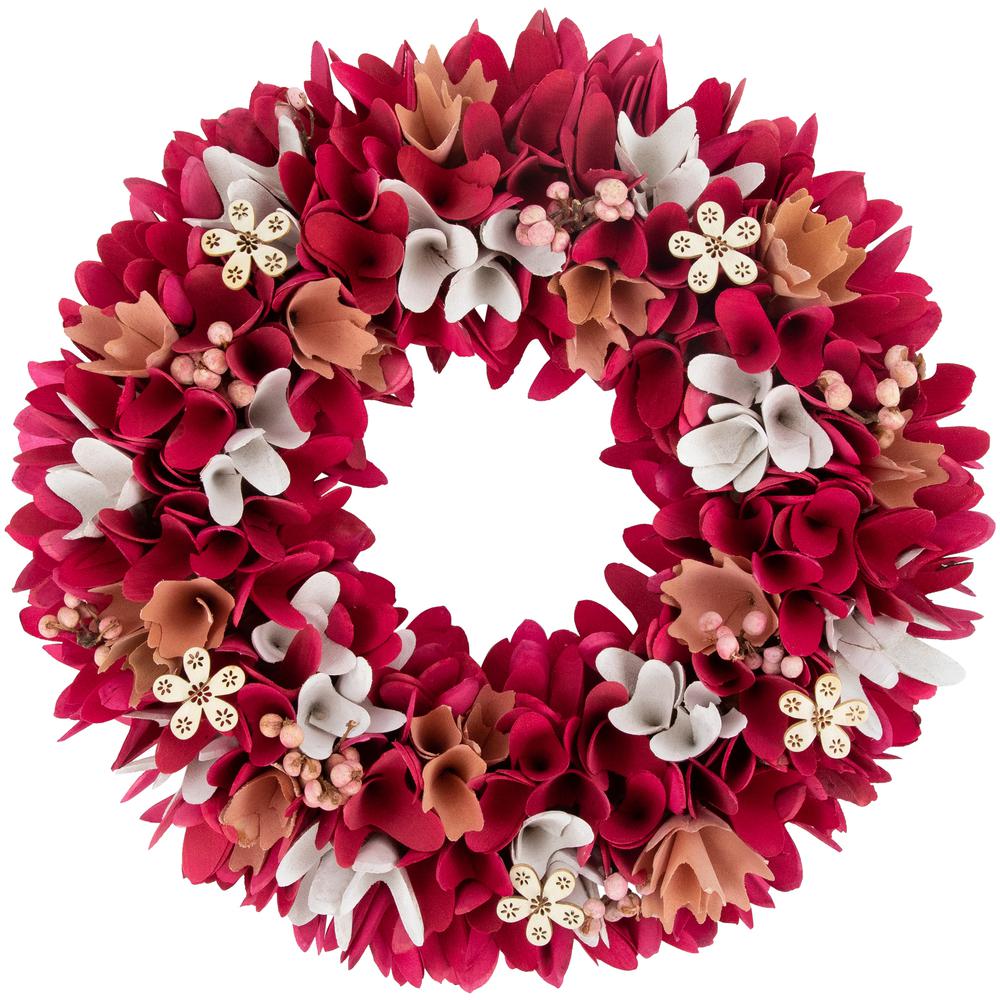 13" Fuchsia Pink and White Wooden Floral Spring Wreath with Berries. Picture 1