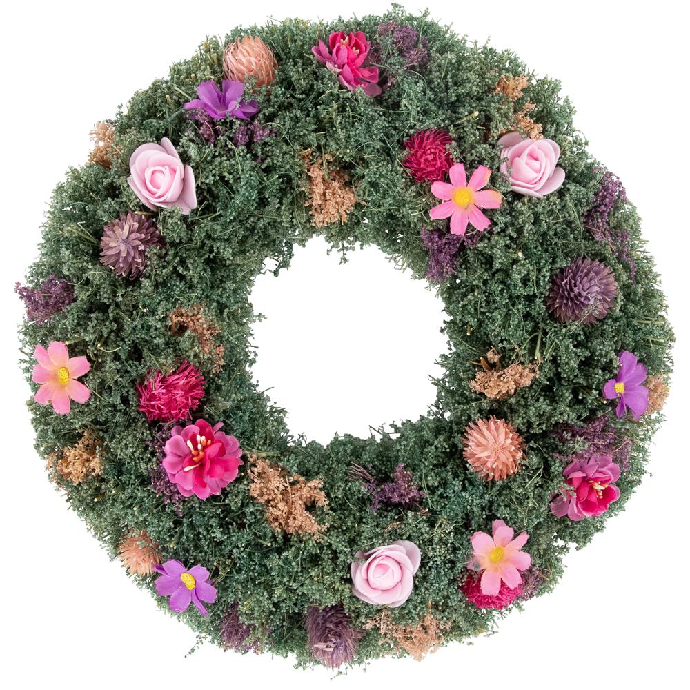 13" Pink Rose and Purple Thistle Mixed Floral Spring Wreath. Picture 1