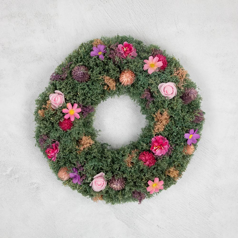 13" Pink Rose and Purple Thistle Mixed Floral Spring Wreath. Picture 2