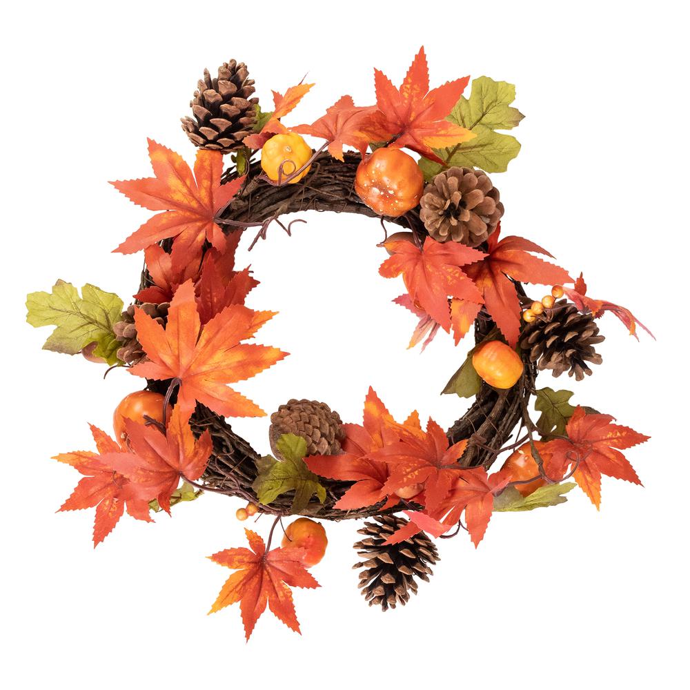 Autumn Leaves with Pine Cones and Pumpkins Fall Harvest Wreath  10-Inch  Unlit. Picture 1