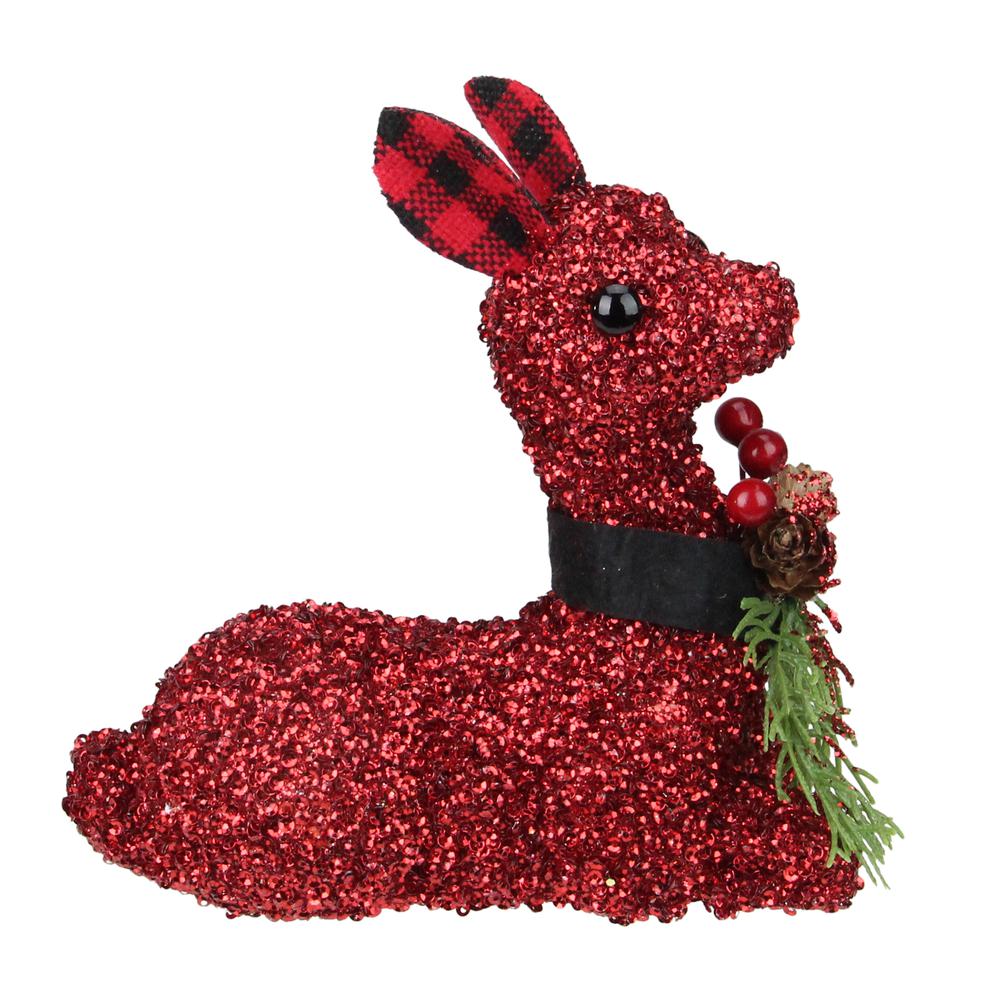 6.5" Red Embellished Sitting Reindeer Decoration with Buffalo Plaid Ears. The main picture.