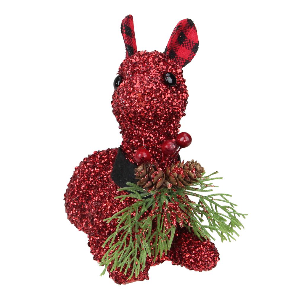 6.5" Red Embellished Sitting Reindeer Decoration with Buffalo Plaid Ears. Picture 4