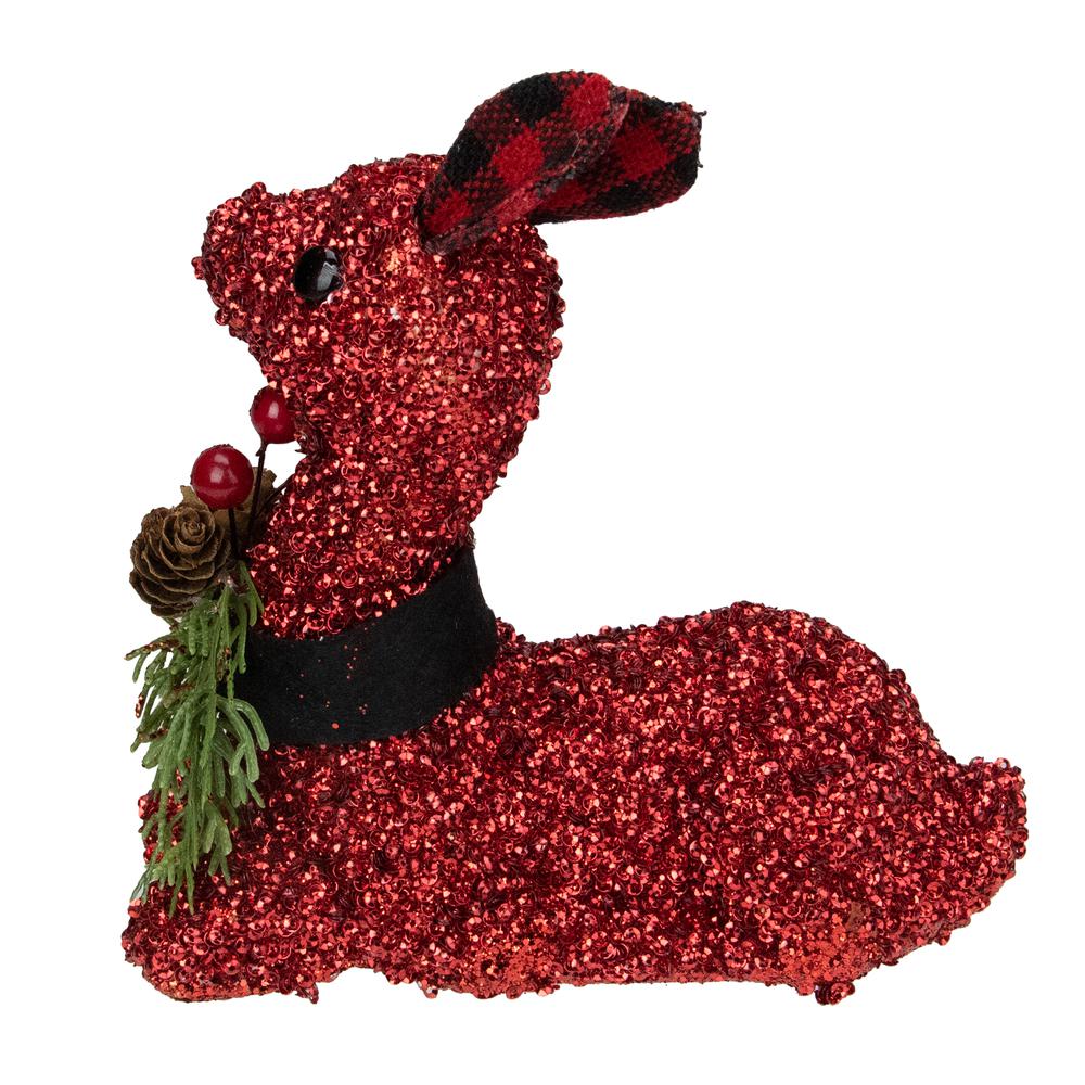 6.5" Red Embellished Sitting Reindeer Decoration with Buffalo Plaid Ears. Picture 3