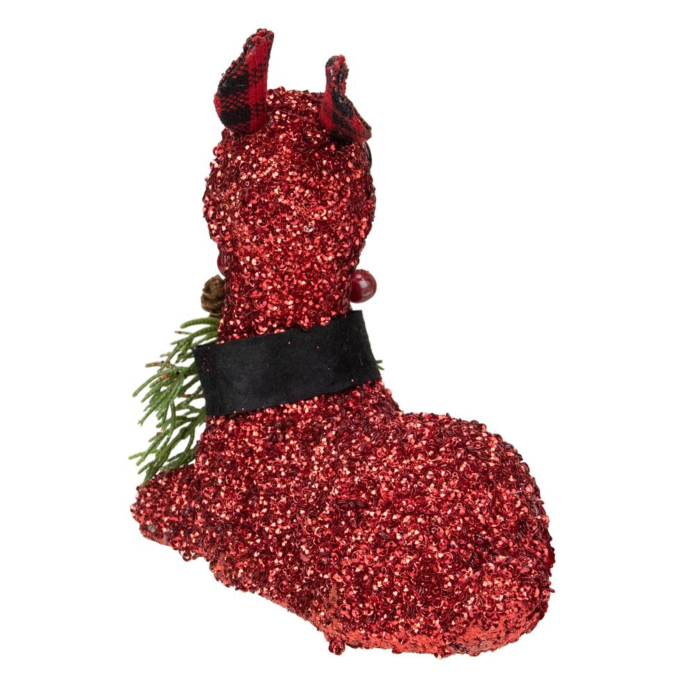 6.5" Red Embellished Sitting Reindeer Decoration with Buffalo Plaid Ears. Picture 5