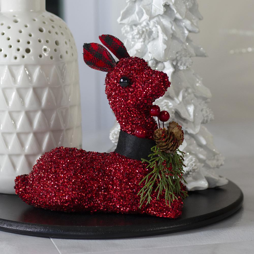 6.5" Red Embellished Sitting Reindeer Decoration with Buffalo Plaid Ears. Picture 2