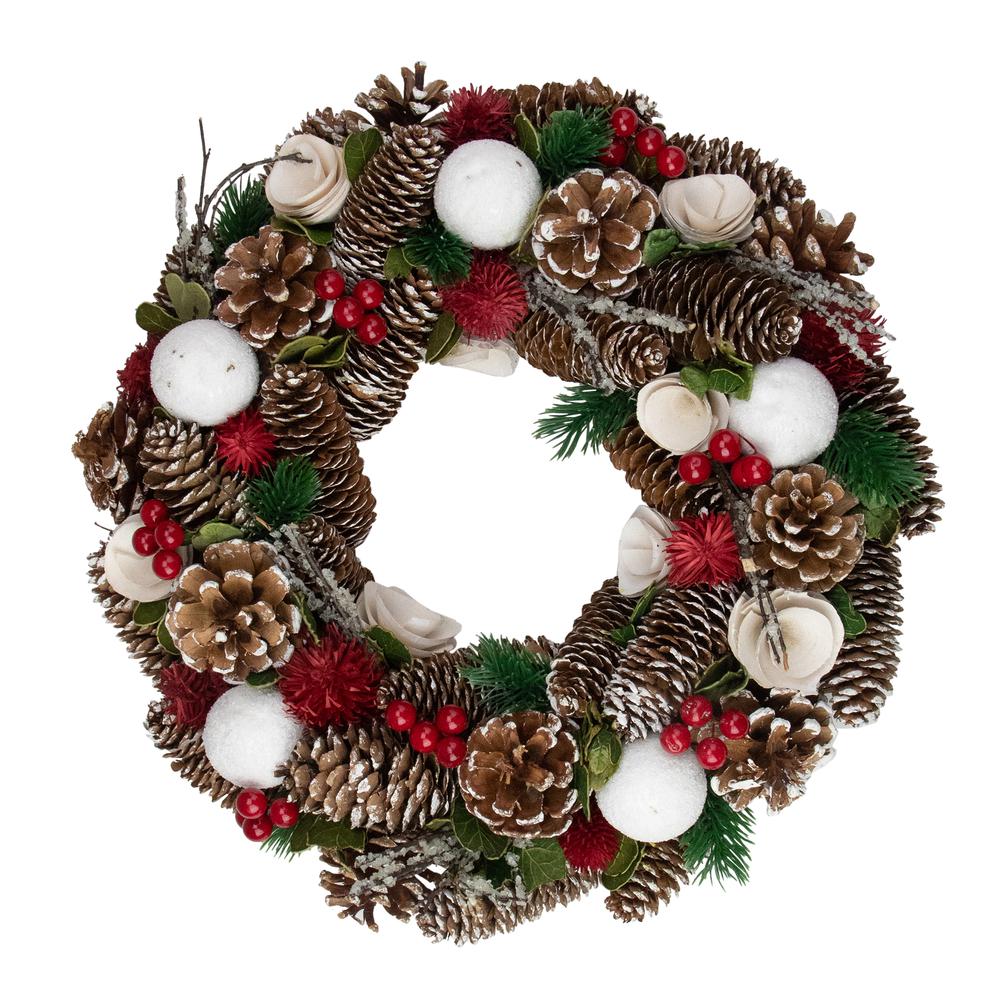 White Wooden Rose and Pine Cone Artificial Christmas Wreath  14-Inch  Unlit. Picture 1