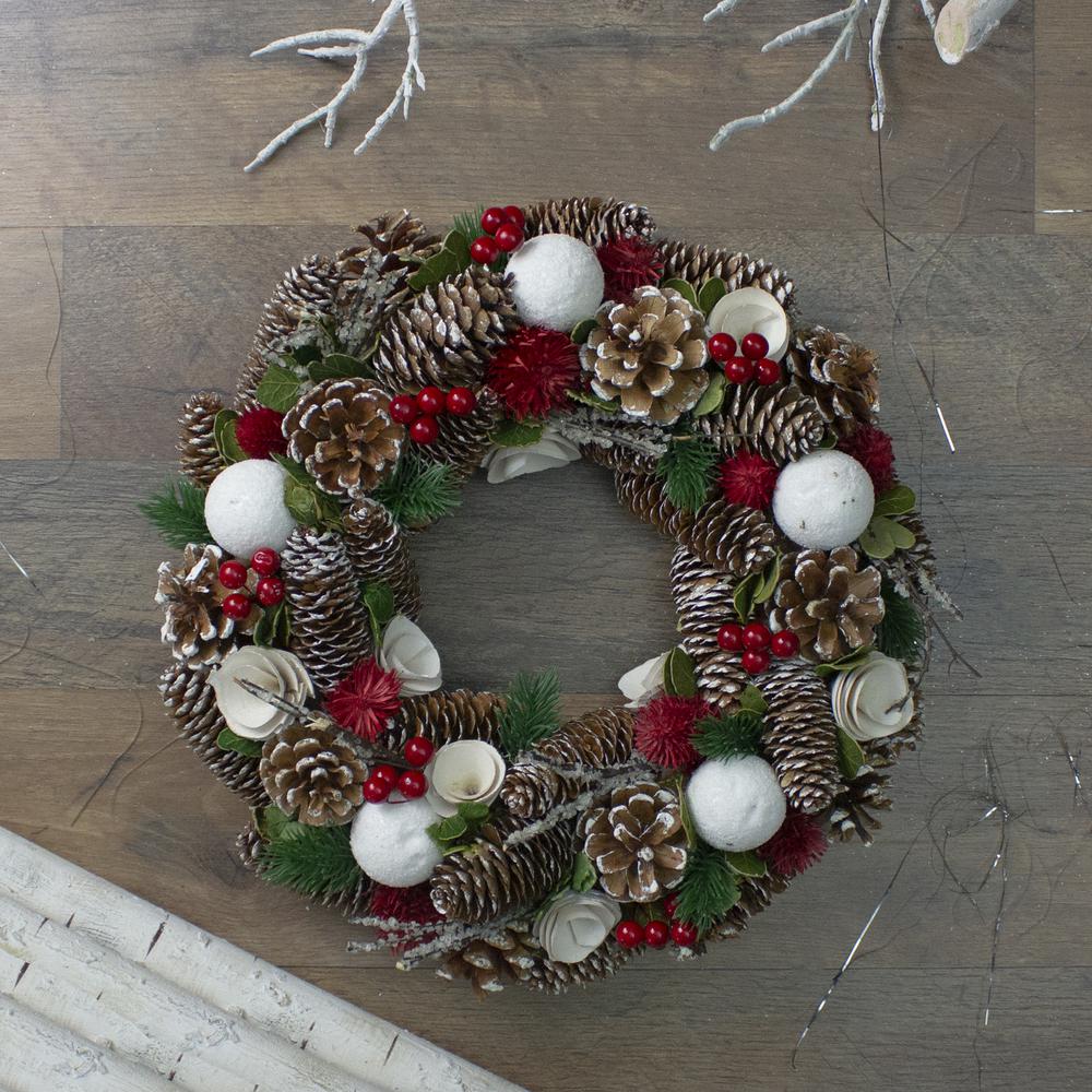 White Wooden Rose and Pine Cone Artificial Christmas Wreath  14-Inch  Unlit. Picture 2