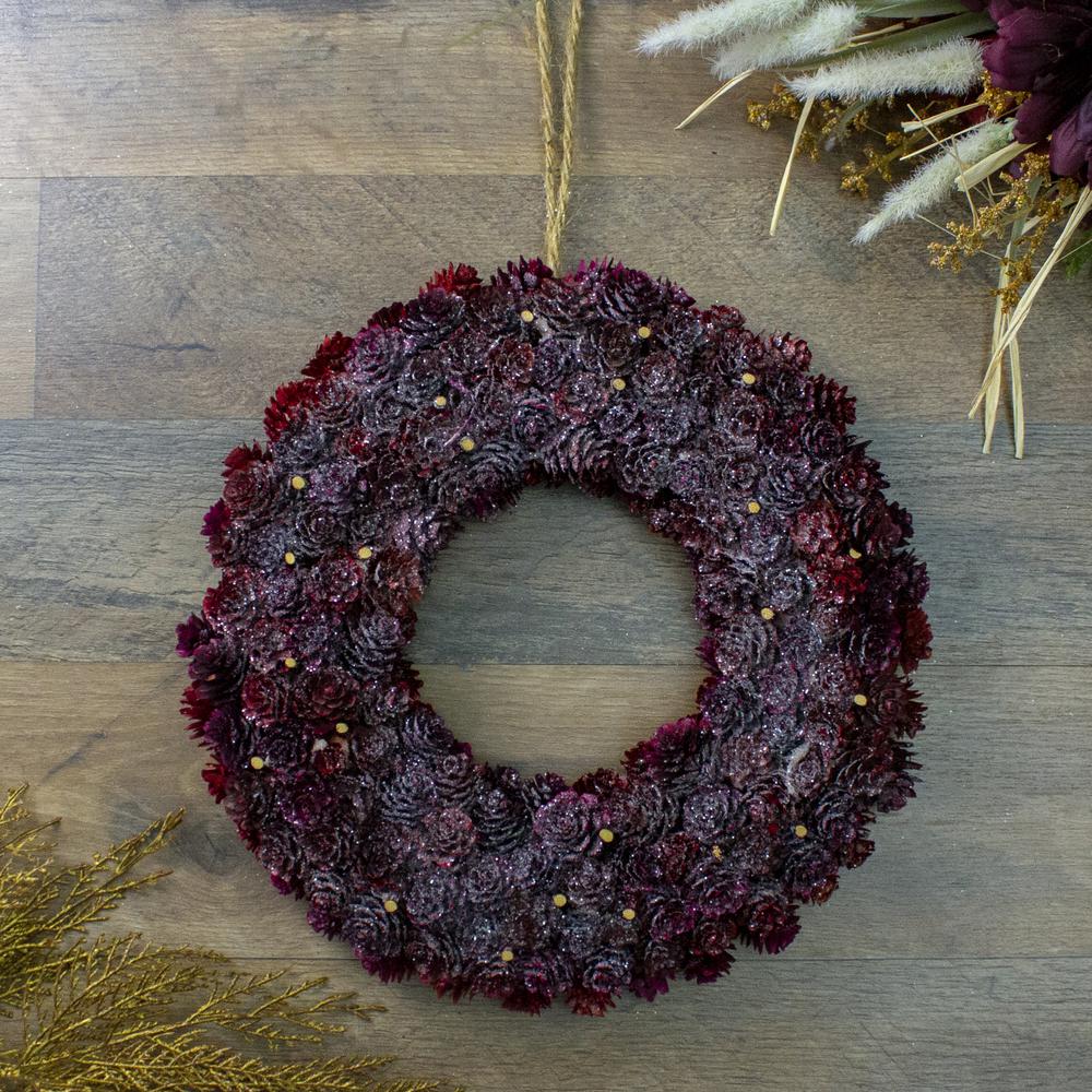 12.5"Wine Burgundy Glitter Pine Cone Artificial Christmas Wreath - Unlit. Picture 2