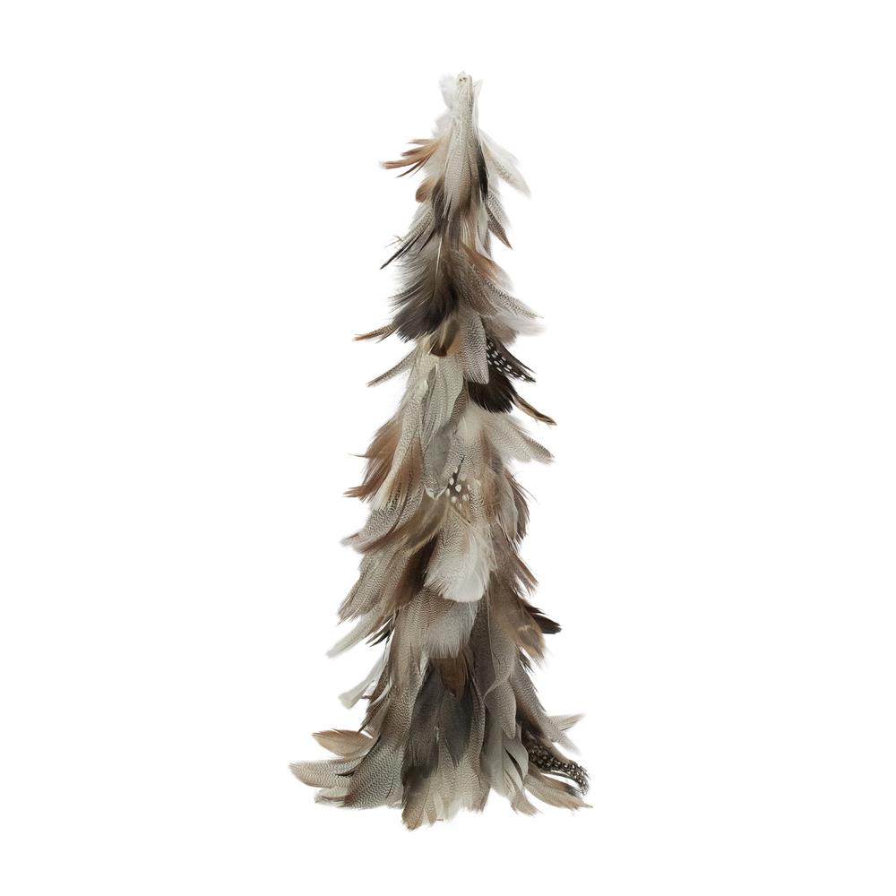 15.5" Brown and Gray Feather Layered Cone Tree Christmas Decoration. Picture 1
