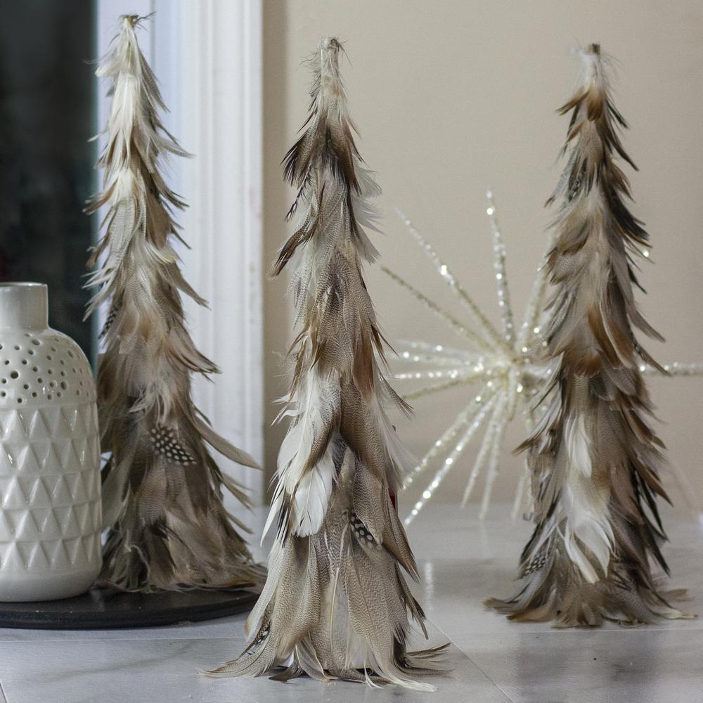 15.5" Brown and Gray Feather Layered Cone Tree Christmas Decoration. Picture 2