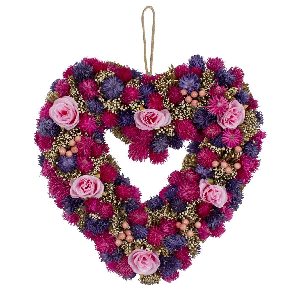 Pink and Purple Floral  Berry and Twig Heart-Shaped Artificial Spring Wreath  13.5-Inch. Picture 1