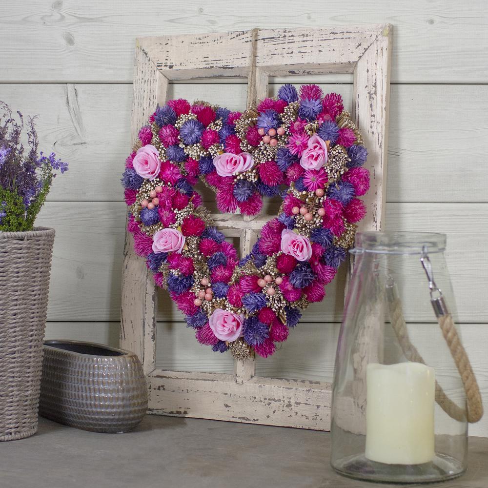 Pink and Purple Floral  Berry and Twig Heart-Shaped Artificial Spring Wreath  13.5-Inch. Picture 2