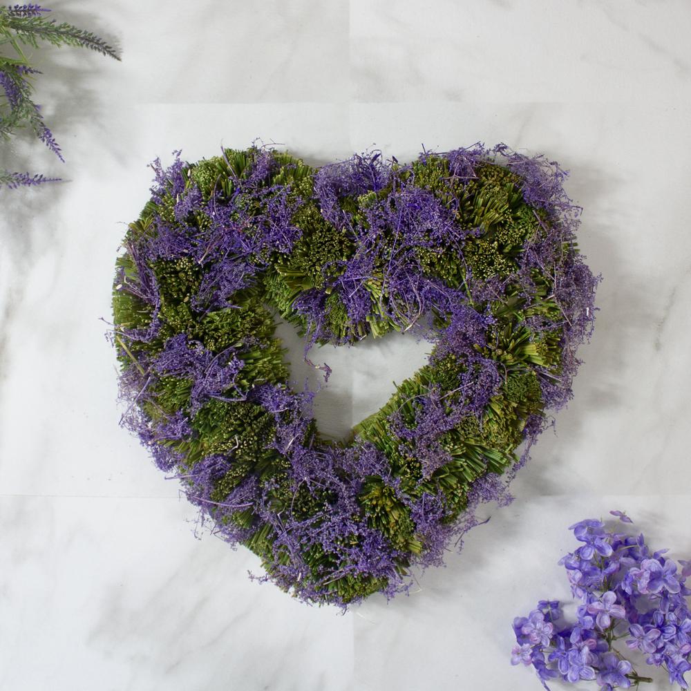 Reindeer Moss Twig Heart-Shaped Spring Floral Wreath  Purple and Green 14.5-Inch. Picture 2
