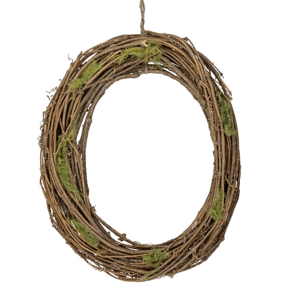 Green and Brown Grapevine with Twig Moss Egg Shaped Artificial Spring Wreath - 15.5-Inch  Unlit. Picture 1