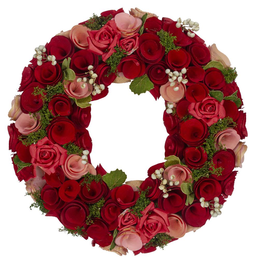 Red and Pink Wooden Rose with White Berries Artificial Wreath  12-Inch. Picture 1