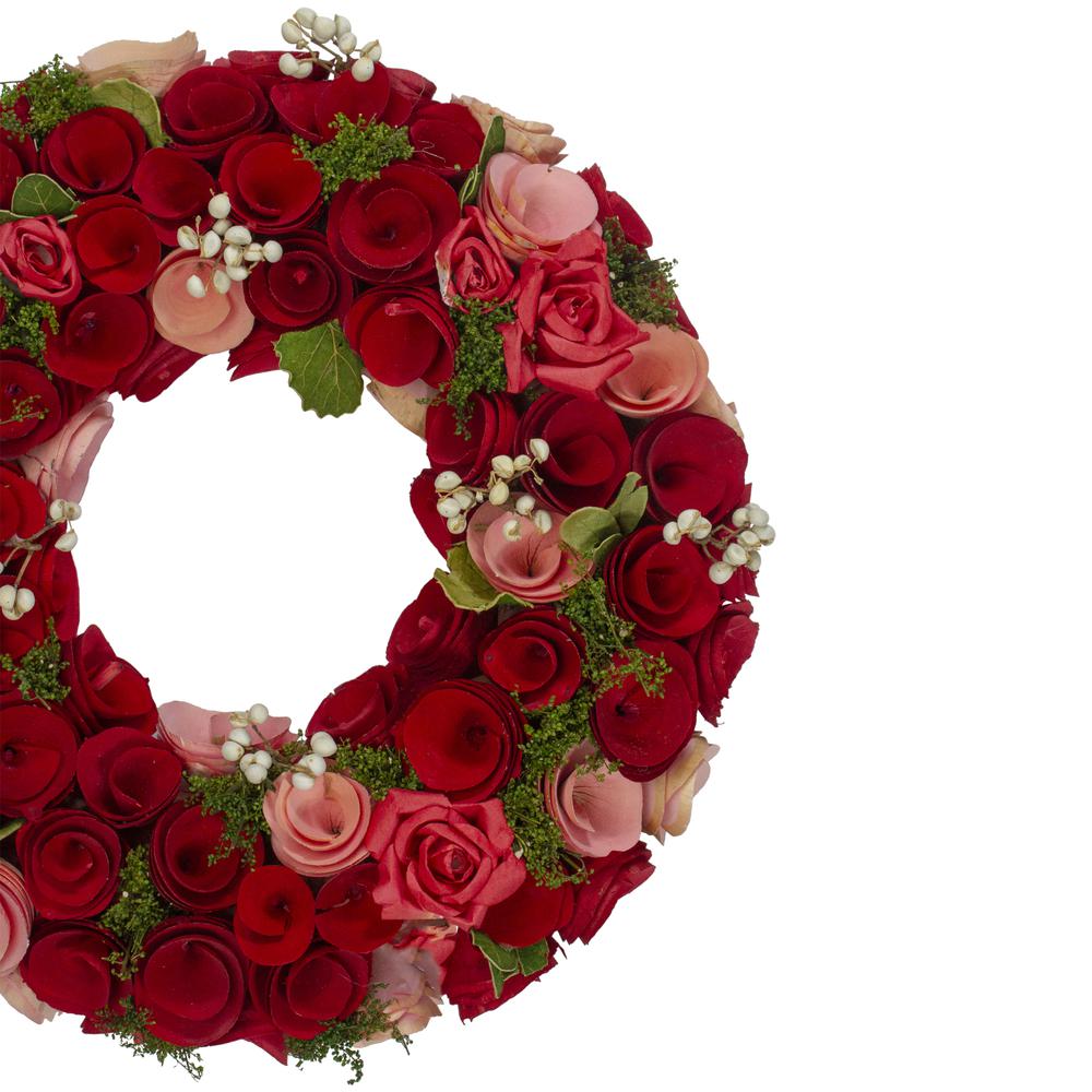 Red and Pink Wooden Rose with White Berries Artificial Wreath  12-Inch. Picture 3