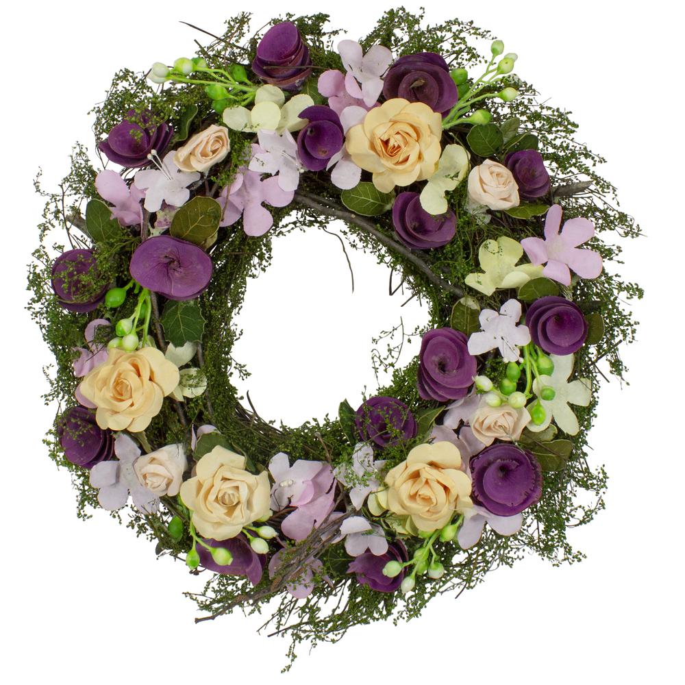 Purple and Green Floral, Berries and Twig Artificial Spring Floral Wreath, 14-Inch. Picture 1