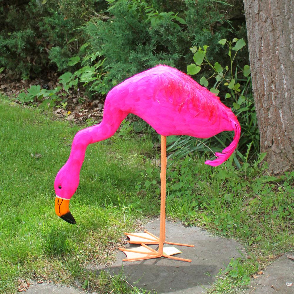 27.5" Standing Hot Pink Feathered Flamingo with Head Down Decoration. Picture 2