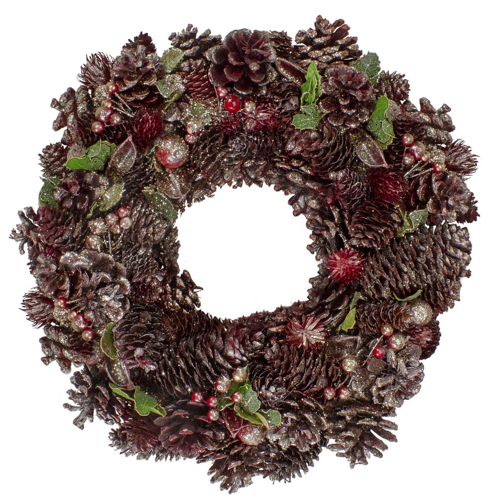 13" Red and Gold Glittered Pine Cone and Berry Christmas Wreath. Picture 1