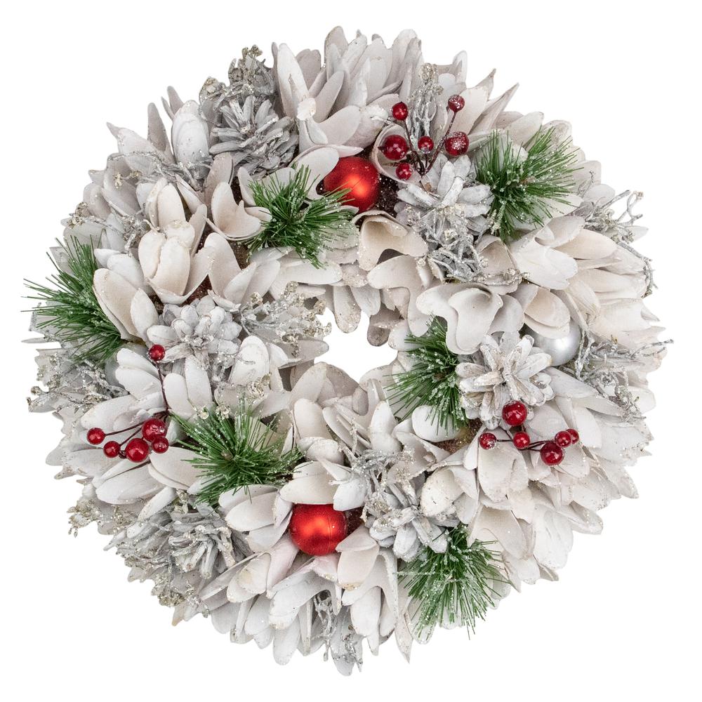 14in White Wooden Flower and Pinecone Christmas Wreath. Picture 1
