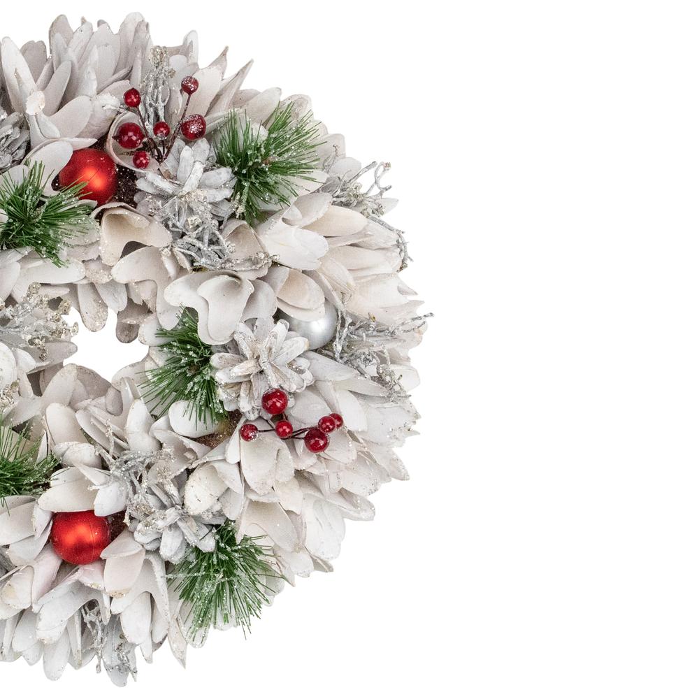 14in White Wooden Flower and Pinecone Christmas Wreath. Picture 2
