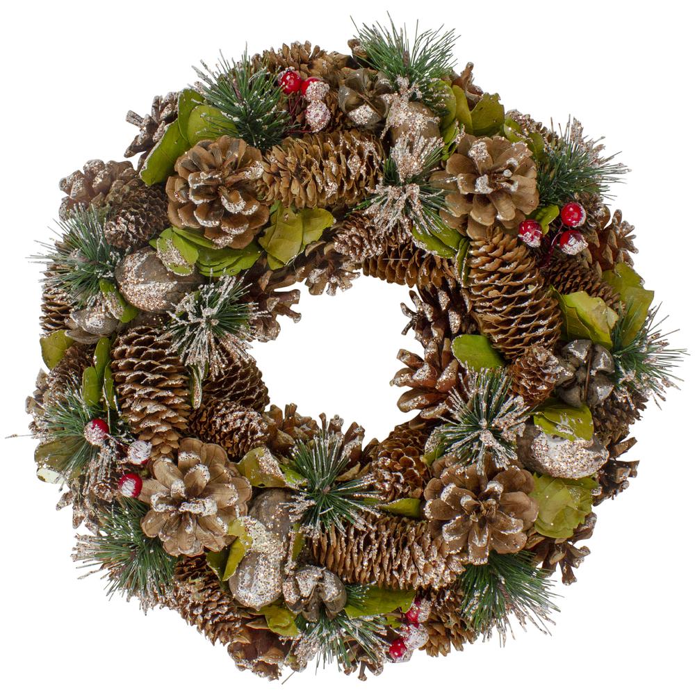 Green and Brown Frosted Pinecones and Bells Christmas Wreath - 13" Unlit. Picture 1