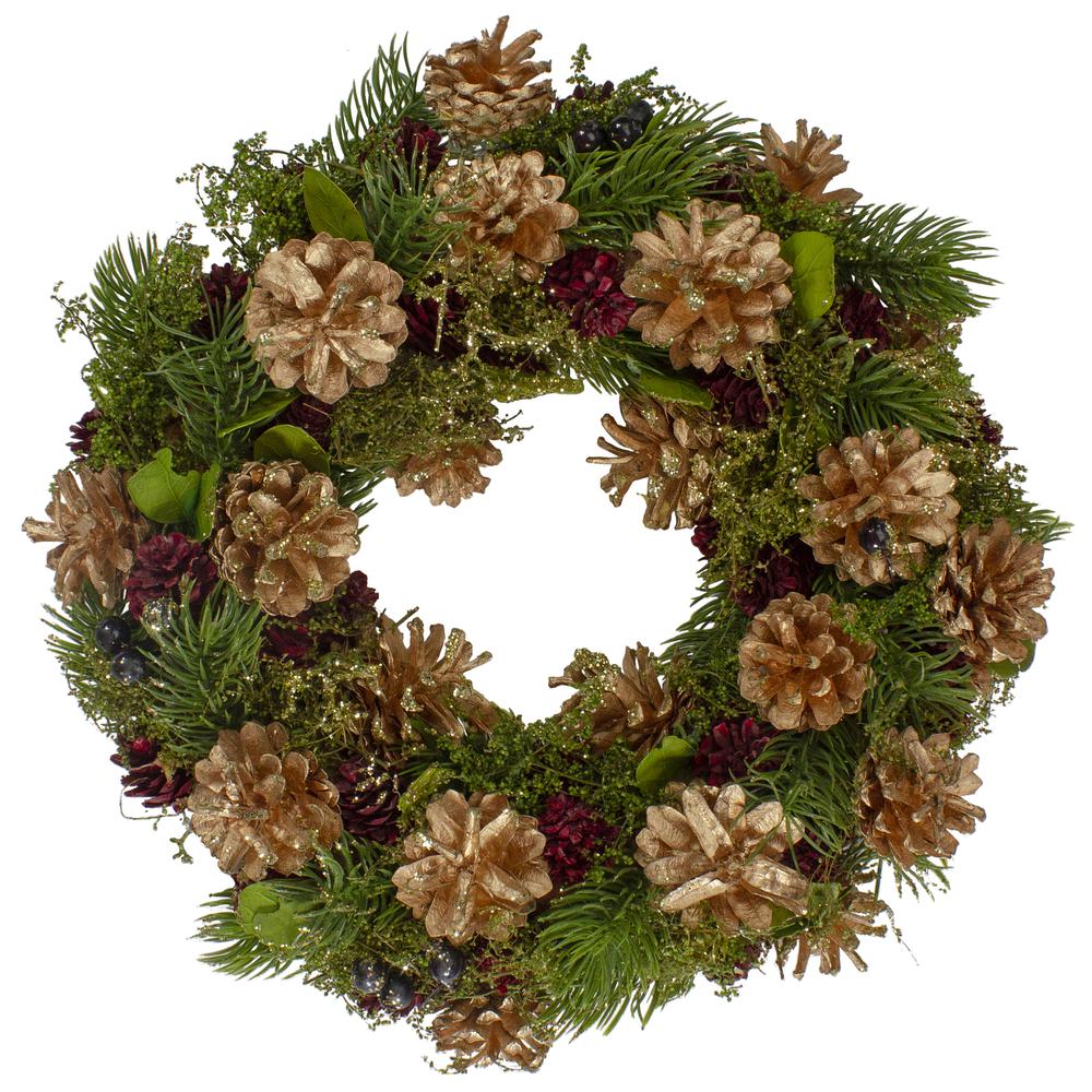 12" Green  Gold  and Red Glitter Pinecones Christmas Wreath. Picture 1