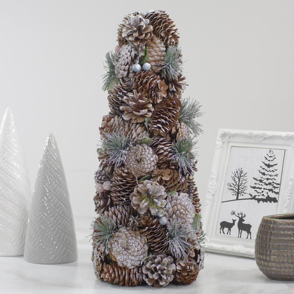 16.5" Glittered Green and Brown Pinecone Berry Christmas Tree. Picture 2