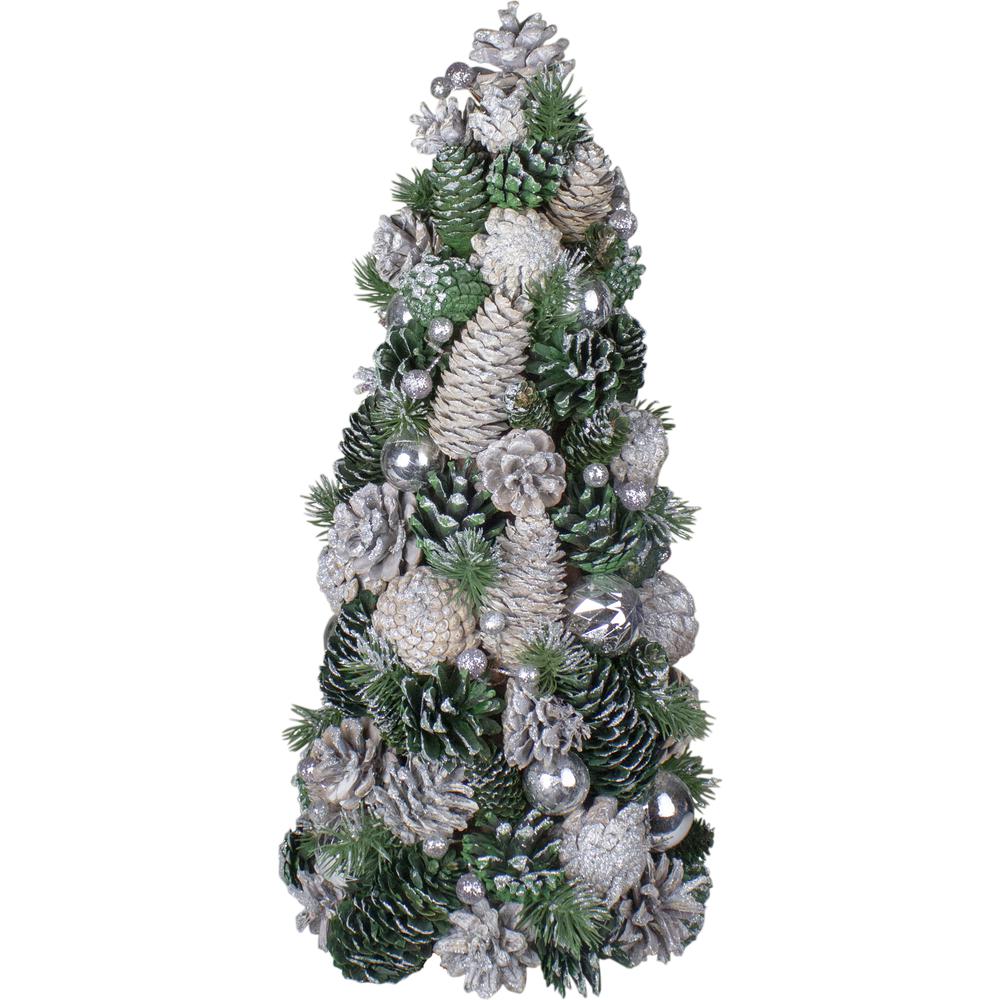 18" Green and Silver Pinecone With Table Top Cone Christmas Tree in Glitter. Picture 1