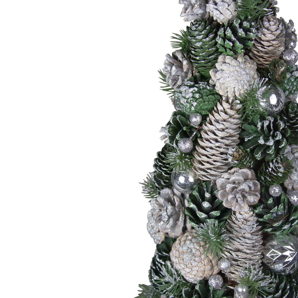 18" Green and Silver Pinecone With Table Top Cone Christmas Tree in Glitter. Picture 3