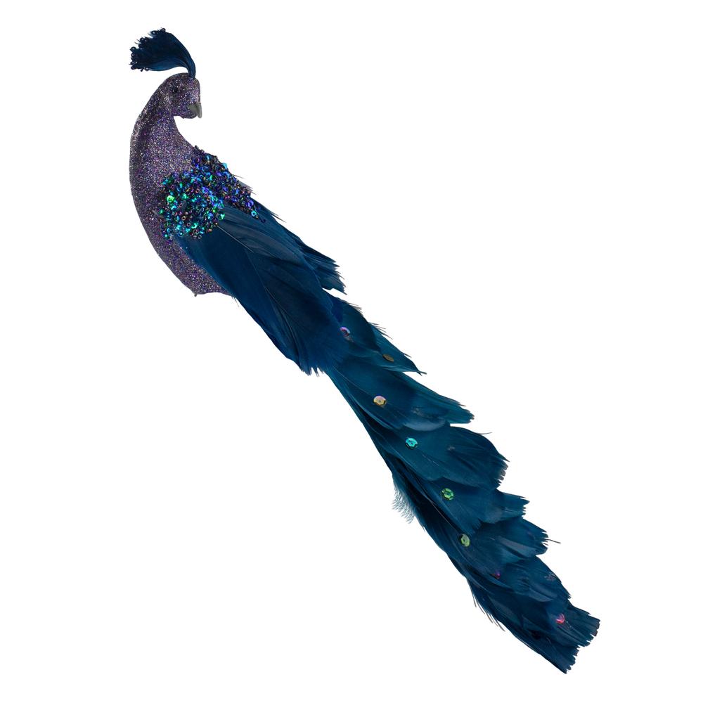 14.75" Glittered Blue and Green Peacock Christmas Clip-On Christmas Ornament. Picture 1