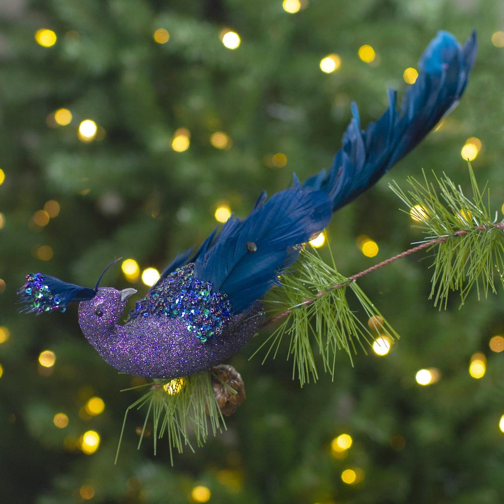14.75" Glittered Blue and Green Peacock Christmas Clip-On Christmas Ornament. Picture 2