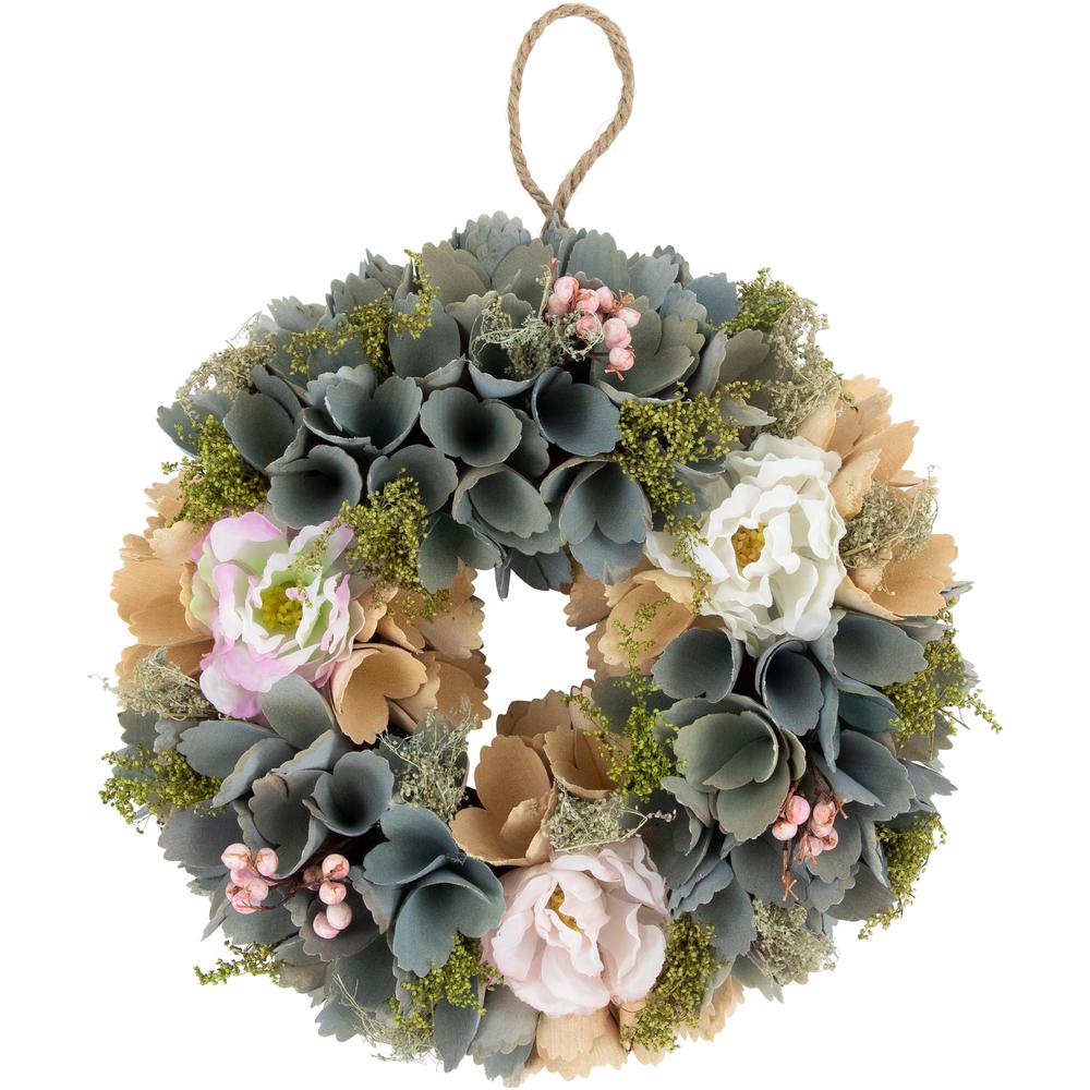 10" Tan and Blue Wooden Floral Spring Wreath. Picture 1