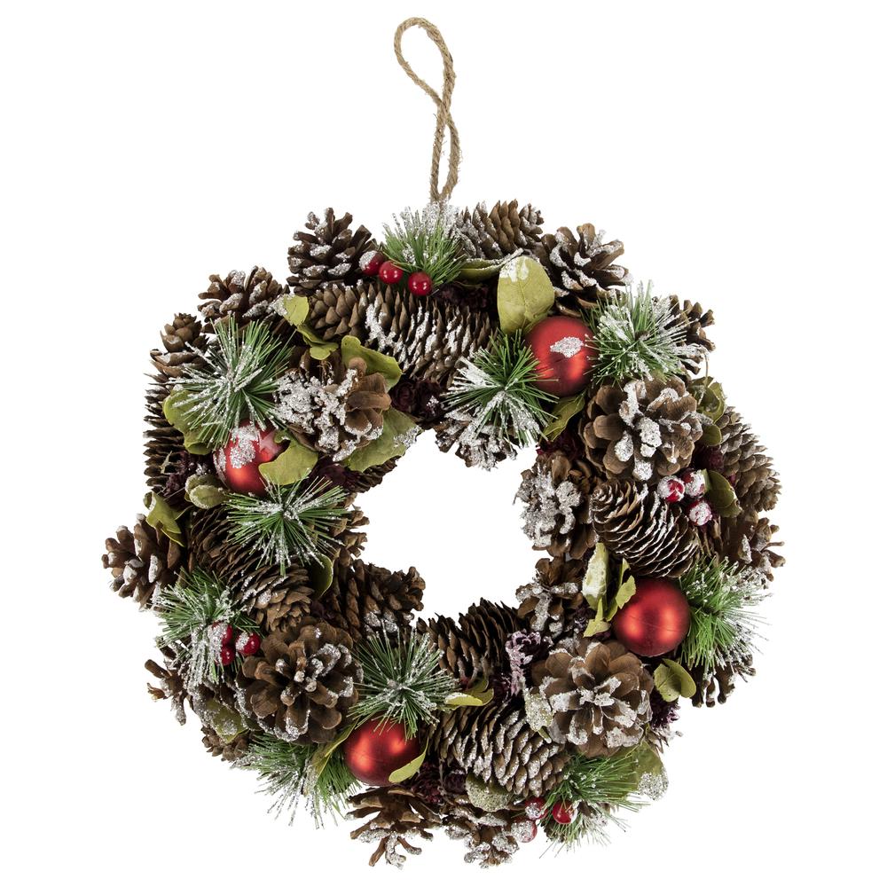 Red Ornament with Pinecone and Pine Needle Christmas Wreath 13.5-Inch Unlit. Picture 1