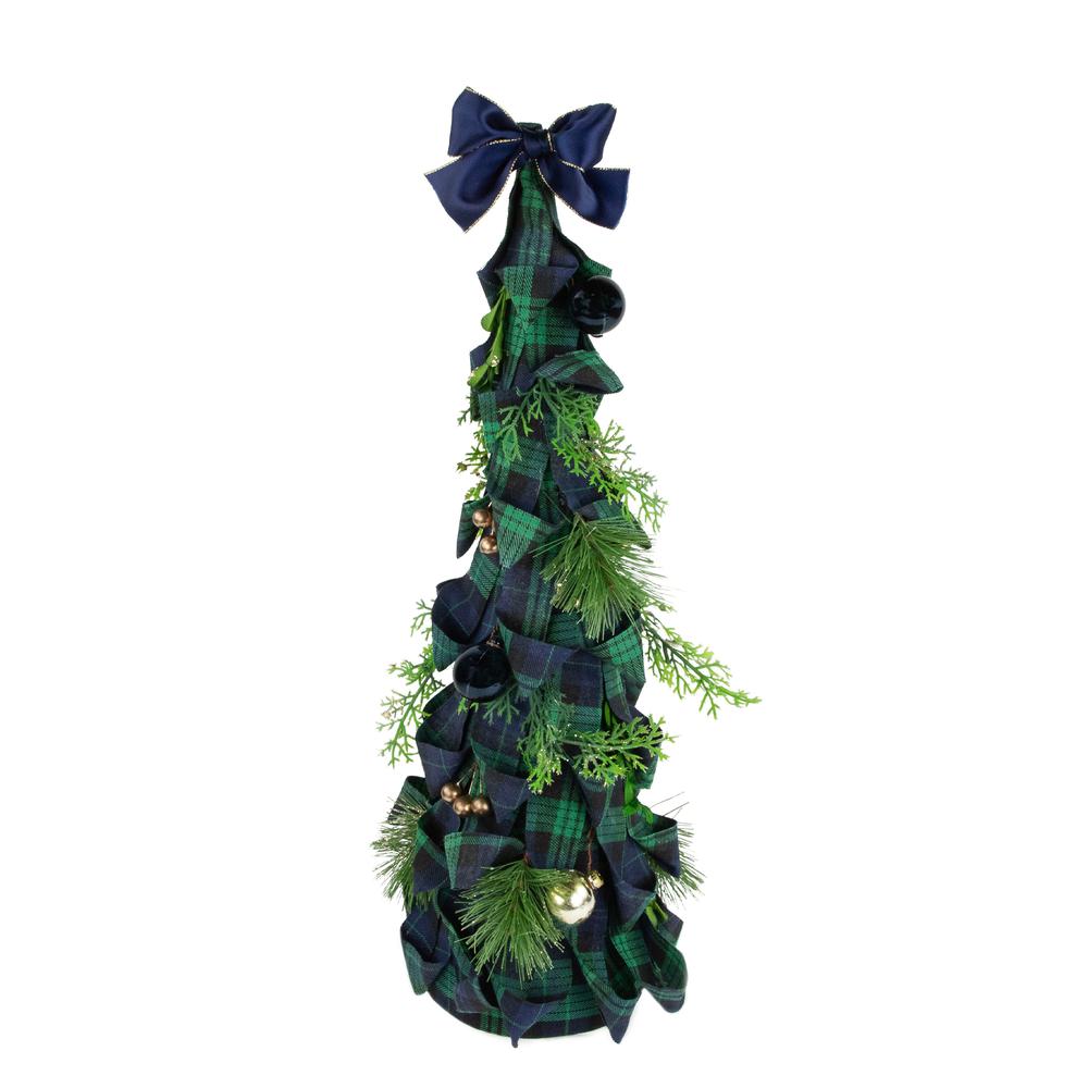 18" Green and Blue Plaid Ribbon Christmas Tabletop Cone Tree. Picture 1